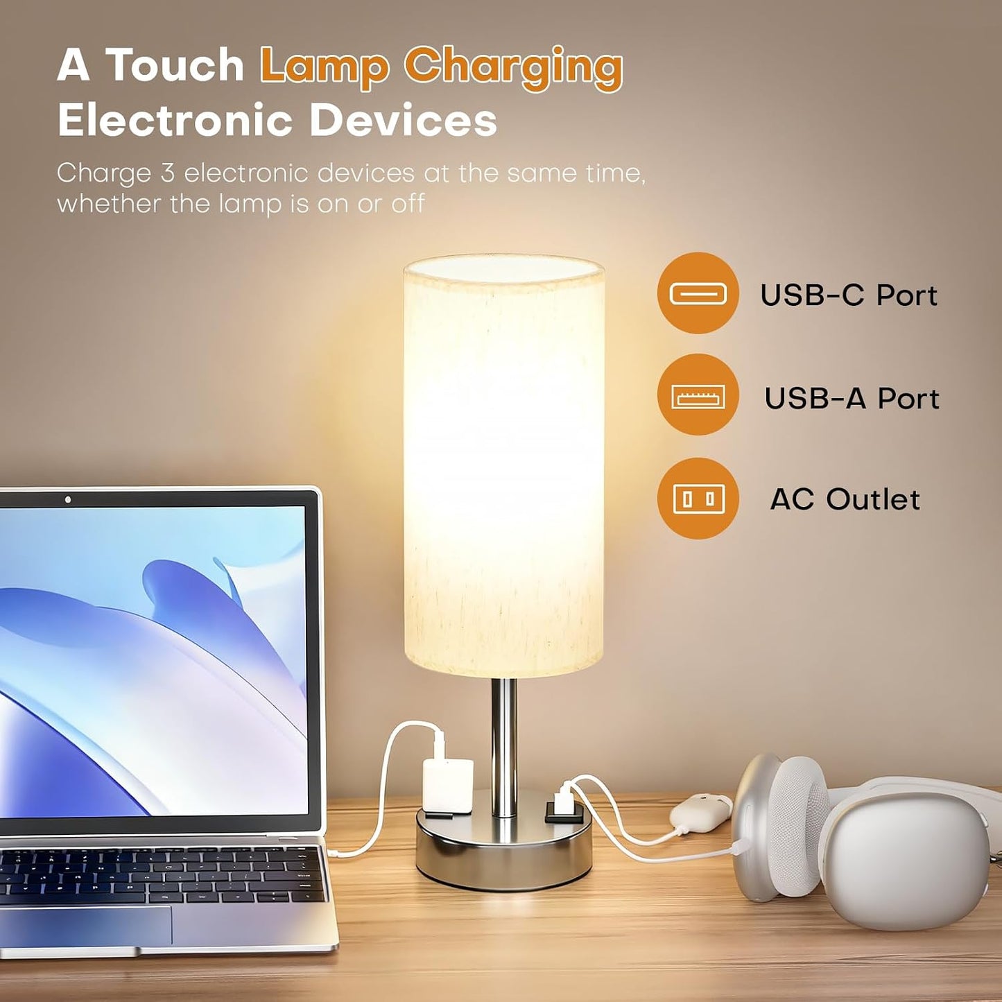 MOICO Bedside Table Lamp for Bedroom, 3-Way Dimmable Nightstand Lamp with USB C, USB A Ports & AC Outlet, Small Table Lamp Fabric Shade for Living Room Dorm Office, LED Bulb Included (14in Wood Grain)