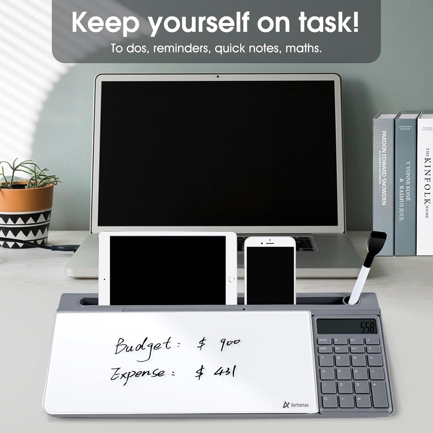 Varhomax Glass Weekly Dry Erase Desk White Board, Desktop to Do List Planner Whiteboard Calendar with Storage Caddy Memo for Home and Office, White