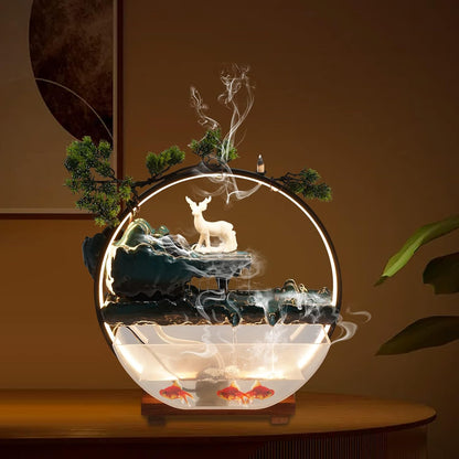 Mini Artificial Bonsai Tree Waterfall Fog Feature Rock Tabletop Fountain | 11in Desktop Decor Waterfall Fountain W/ Water Pump& Atomizer&LED Lights &Fake Tree Office Bedroom Relax