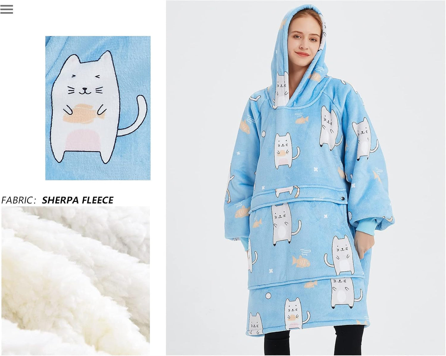 KFUBUO Wearable Blanket Hoodie for Adults Sherpa All Patterns Cat Oversized Sweatshirt Blanket with Pockets for Women