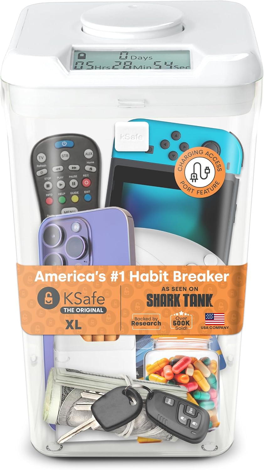 Kitchen Safe kSafe Time Locking Container, Medication Lock Box, Break Bad Habits - Quit Smoking, Snacking, Drinking & Gaming Addiction, Phone Jail, Family Time (Medium, White Lid + 5.5” Clear Base)
