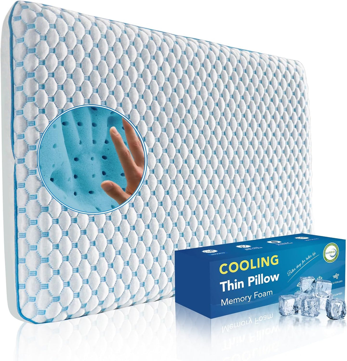 Thin Pillow for Sleeping, Cooling Gel Flat Pillow for Stomach and Back Sleepers, Ultra Slim Stomach Sleeping Pillows for Shoulder Neck Pain Relief, Low Profile Memory Foam Pillows 2.25-inches