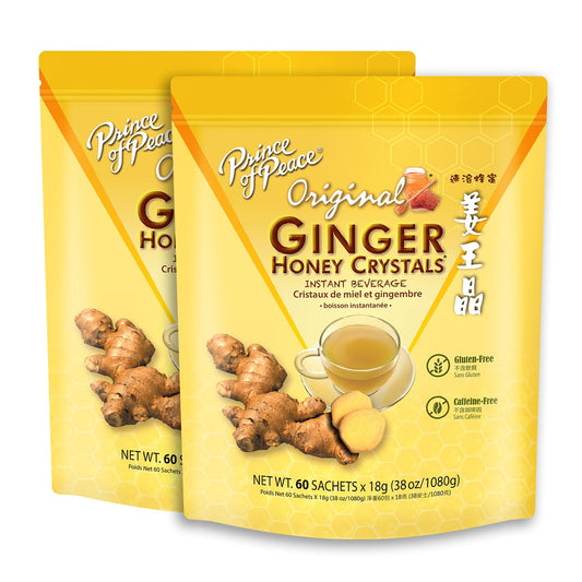 Prince of Peace Instant Ginger Honey Crystals Original, 60 Sachets - – Instant Hot or Cold Beverage that Soothes Throat – Easy to Brew – Drink Like a Tea – Gluten Free – Real Ginger
