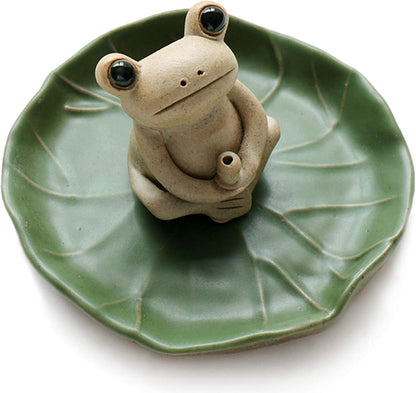 NAGU 100% Handmade Ceramic Stick Incense Burner Holder,Small Frog Incense,Lotus Leaf Tray,Mini Cute Animal Statue Home Incense Burner