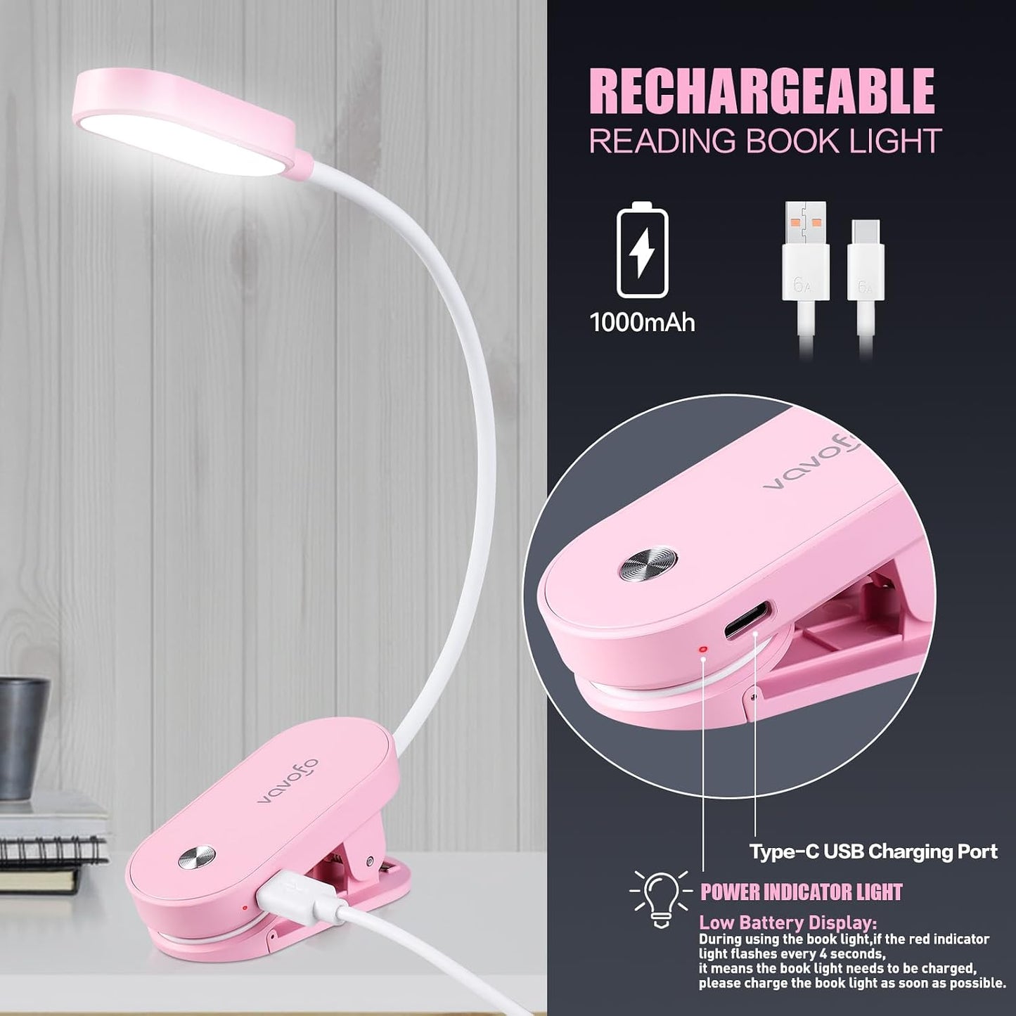 VAVOFO Rechargeable Book Light, 14 LEDs Eye Care Clip On Amber Reading Light for Bookworms Reading in Bed with 9 Colors 9 Brightness (White-Blue)