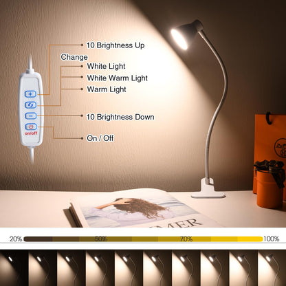 CRI 90+ Eye-Care Clip Light for Reading, 6W Small Clamp Lamp for Desk, Flexible Gooseneck Clip Lamp for Bed Headboard with 3 Color Modes & 10 Brightness(Adapter Include)
