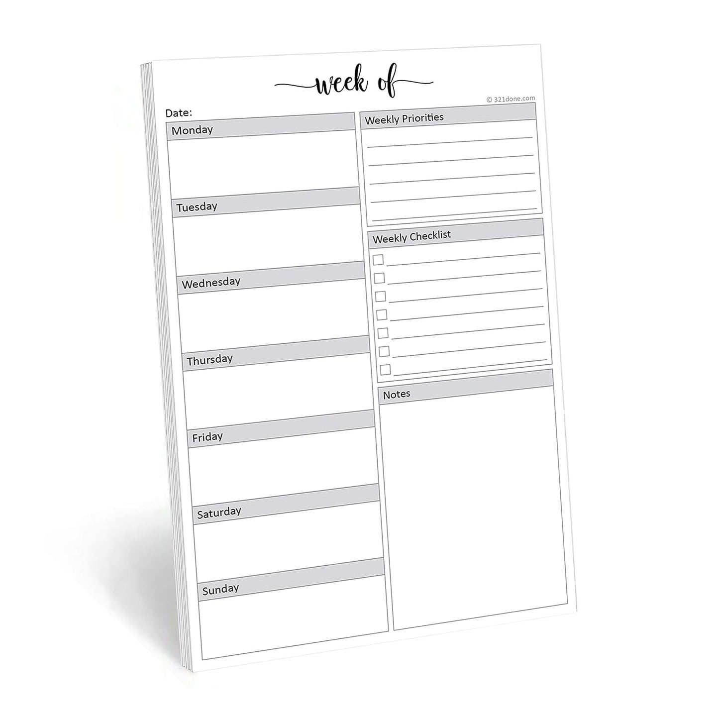321Done Weekly Planning Notepad, 5.5x8.5 Size Pad - 50 Tear-Off Sheets, Undated Monday-Sunday Schedule, Daily Task Checklist And Prioriteis Planner for Home, Office & School - Made in USA