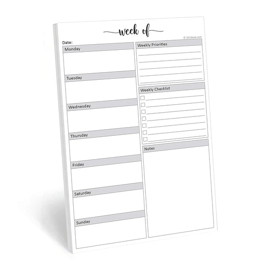 321Done Weekly Planning Notepad, 5.5x8.5 Size Pad - 50 Tear-Off Sheets, Undated Monday-Sunday Schedule, Daily Task Checklist And Prioriteis Planner for Home, Office & School - Made in USA