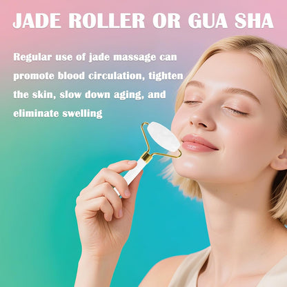 Jade Roller Gua Sha Tools - Nature Gua Sha Facial Tool Skin Tightening Face Massager Anti-Aging Jade Face Roller Puffiness Reducing Guasha Stone for Women Men（Green）