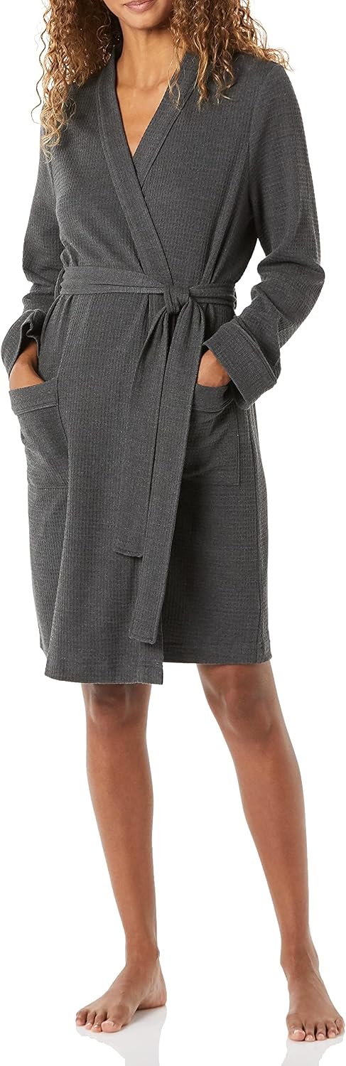 Amazon Essentials Women's Lightweight Cotton Blend Waffle Mid-Length Bathrobe, Breathable Loungewear (Available in Plus Size)