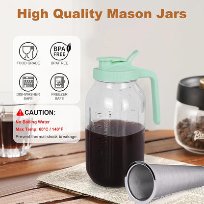 Cold Brew Coffee Maker,64 oz Mason Jar Pitcher with Stainless Steel Filter, Pour Spout Handle Lid, Heavy Duty Glass Airtight & Leak-Proof for Iced Coffee,Tea & Lemonade