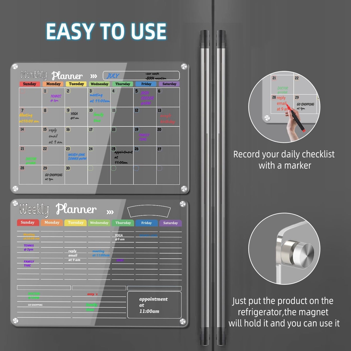 Hivillexun Magnetic Black Dry Erase Calendar White Board Set (3-Pack) - Monthly, Weekly Planners & Daily Notepad for Fridge, Home & Office, Includes 8 Markers