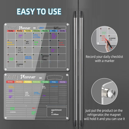 Hivillexun Magnetic Black Dry Erase Calendar White Board Set (3-Pack) - Monthly, Weekly Planners & Daily Notepad for Fridge, Home & Office, Includes 8 Markers