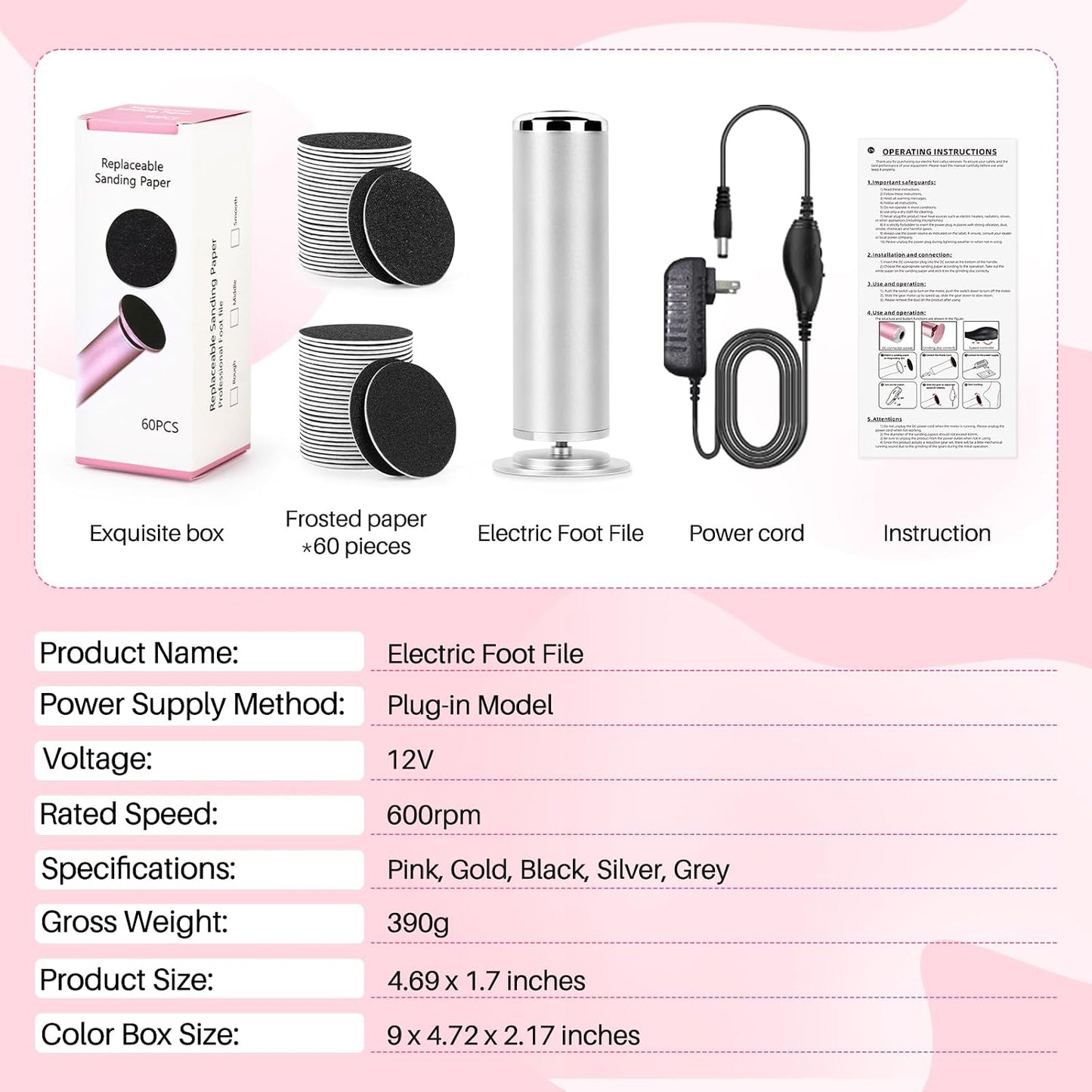 LIONVISON Electric Foot Callus Remover: Adjustable Speed Foot File for Cracked Heels - Working Women's Summer Pedicure Tool with 60pcs Sandpaper Discs - Dead Skin Remover for Dry Feet at-Home