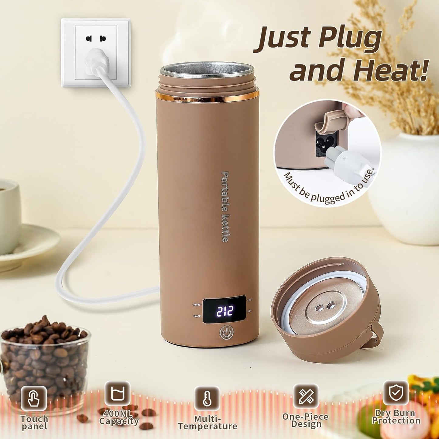 Travel Electric Kettle Portable Mini Kettle,Small Hot Water Boiler with 4 Temperature Settings,304 Stainless Steel,Fast Boiling Water with Auto Shut-Off and Boil Dry Protection,400ml (Beige, 400ML)