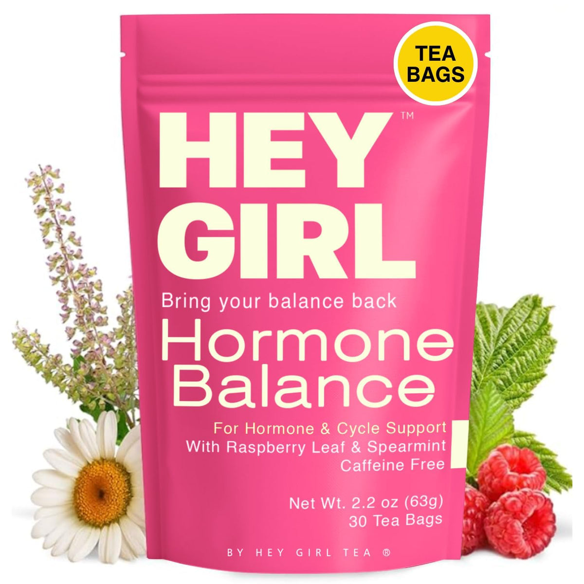 Hey Girl Hormone Balance Tea for Women, Spearmint & Red Raspberry Leaf with Chamomile & Ginger - Herbal PCOS Tea, Perimenopause, Cycle & PMS Support, Caffeine Free, 30 Tea Bags