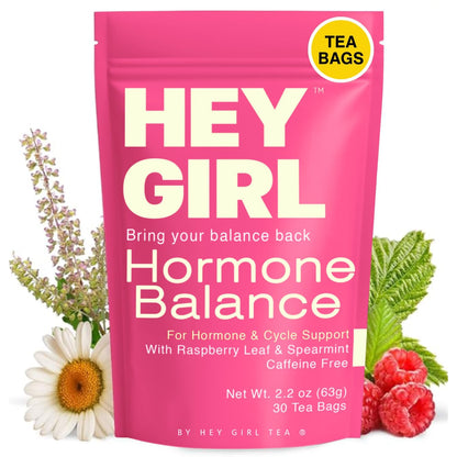 Hey Girl Hormone Balance Tea for Women, Spearmint & Red Raspberry Leaf with Chamomile & Ginger - Herbal PCOS Tea, Perimenopause, Cycle & PMS Support, Caffeine Free, 30 Tea Bags