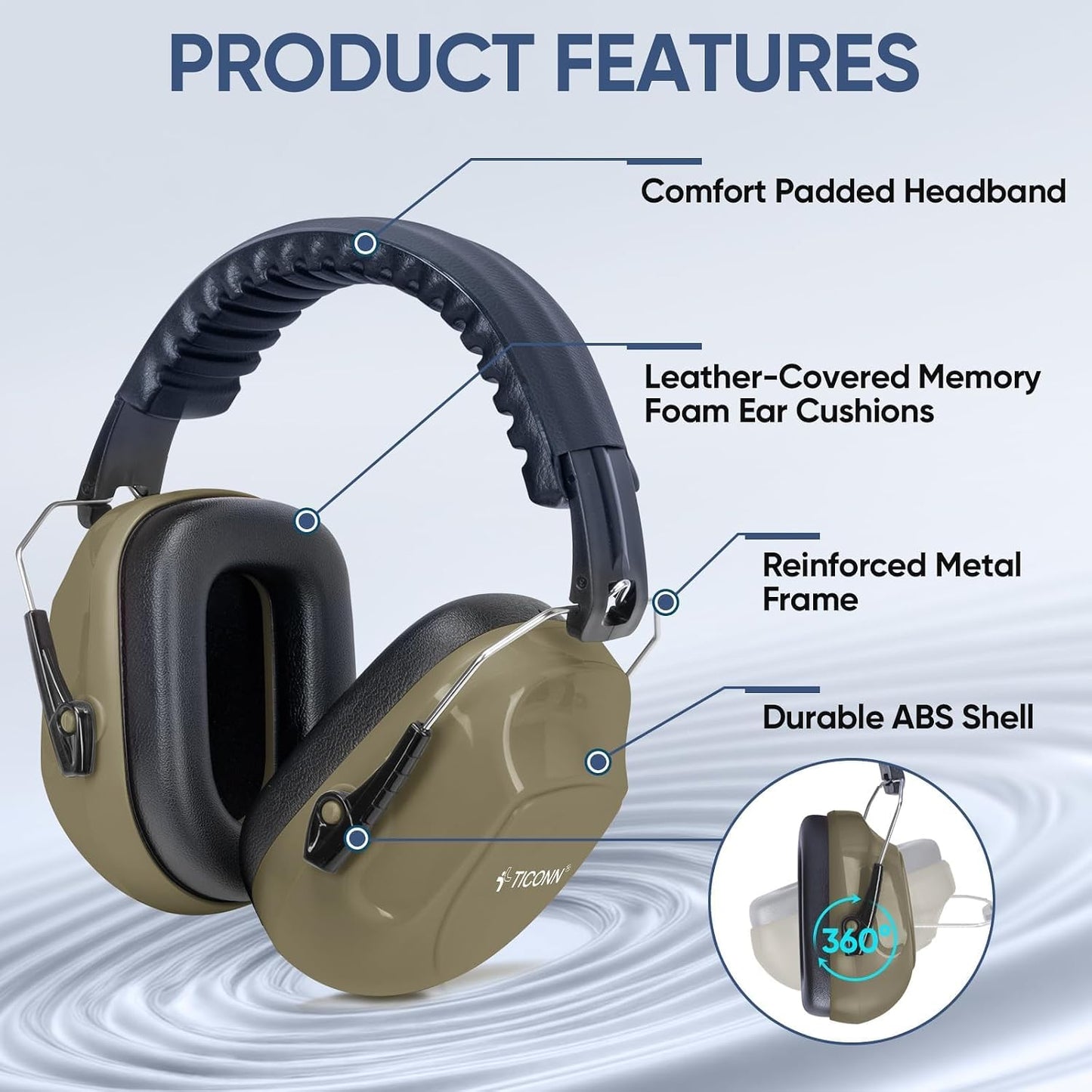 TICONN Noise Cancelling Ear Muffs for Adults, SNR 33dB Hearing Protection, Adjustable Safety Earmuffs for Construction