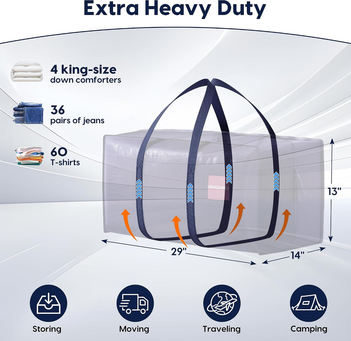 Moving Bags Heavy Duty 210GSM with Full-Open Side Zipper, 93L 220lbs Waterproof Foldable Storage Totes for College Dorm Move-In, Moving Boxes Alternative & Home Organization, Blue