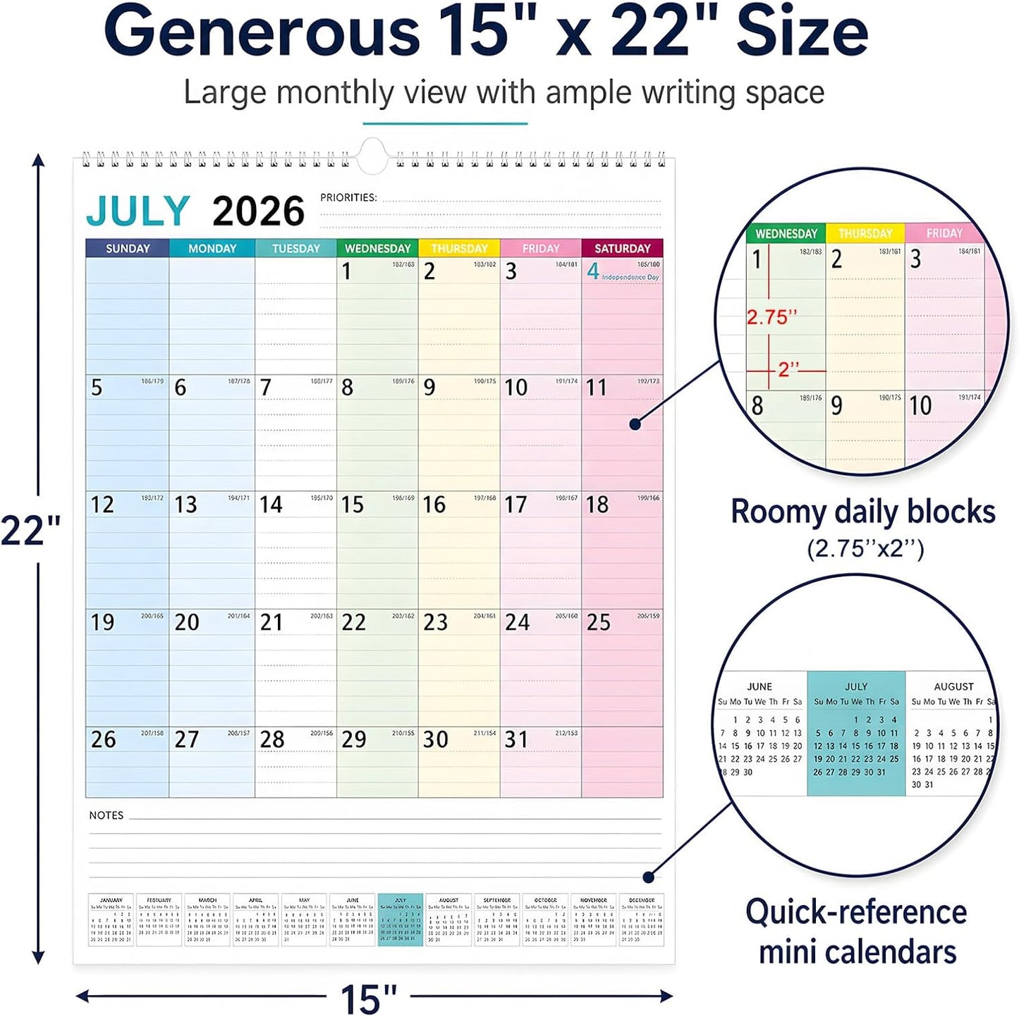 Large Wall Calendar 2026-2027, 18-Month Wall Calendar from July 2026 to December 2027, 15" x 22" 2026 Wall Calendar with Spacious Blocks, Julian Dates, Habit Tracker & Full-Year Reference for Home Office School Colorful