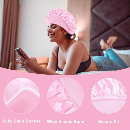 4Pcs Silk Satin Bonnets for Sleeping - Elastic Wide Band Wrap for Black Women Men,Silk Bonnets for Curly Hair,Large Hair Cap for Sleeping (Black+Wine Red+Purple+Brown)