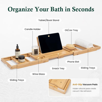 Bamboo Bathtub Tray, Bath Caddy with Wine Glass Holder, Phone Dock & Book Stand | Hands-Free Reading & Ultimate Spa Relaxation Experience-Brown