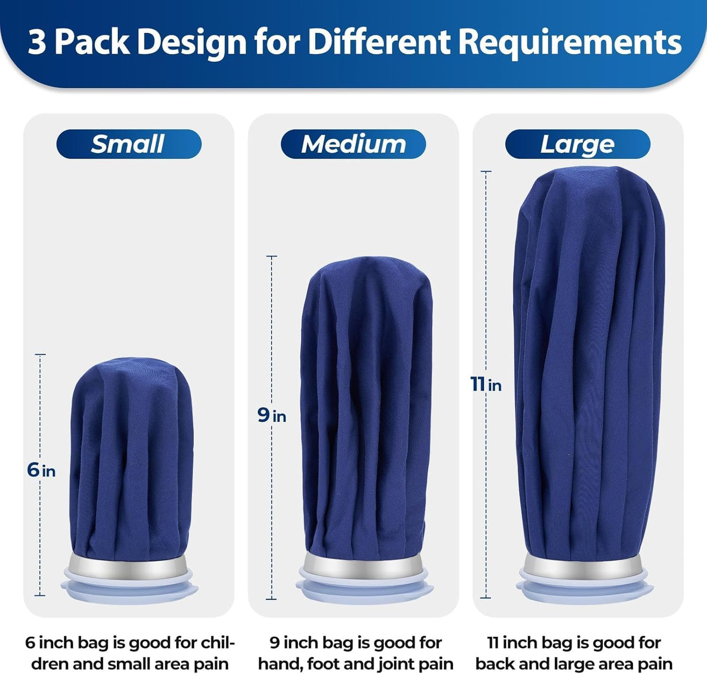 Ice Bags for Injuries Reusable: Ohuhu 3 Packs Ice Cold Packs with Wrap Ice Bag Hot Water Hot & Cold Therapy Pain Relief for Knee Leg Injury No-Leak Waterproof Ice Bags 3 Sizes 6"/9"/11", Blue
