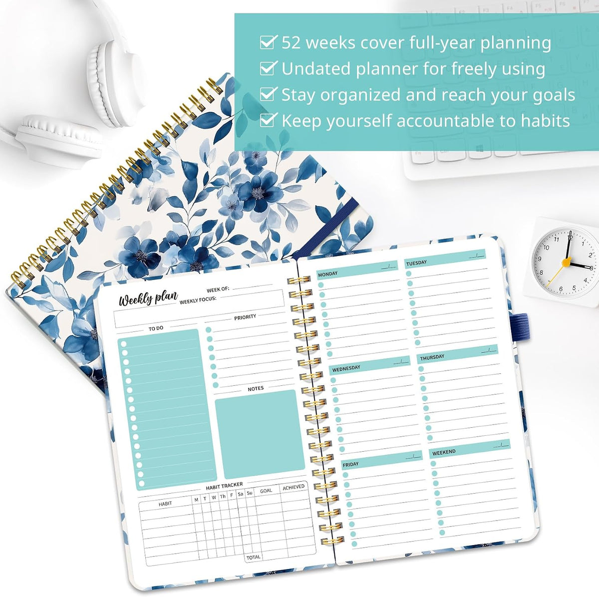 Taja Undated Weekly Planner, To Do List Notebook with Habit Tracker, A5