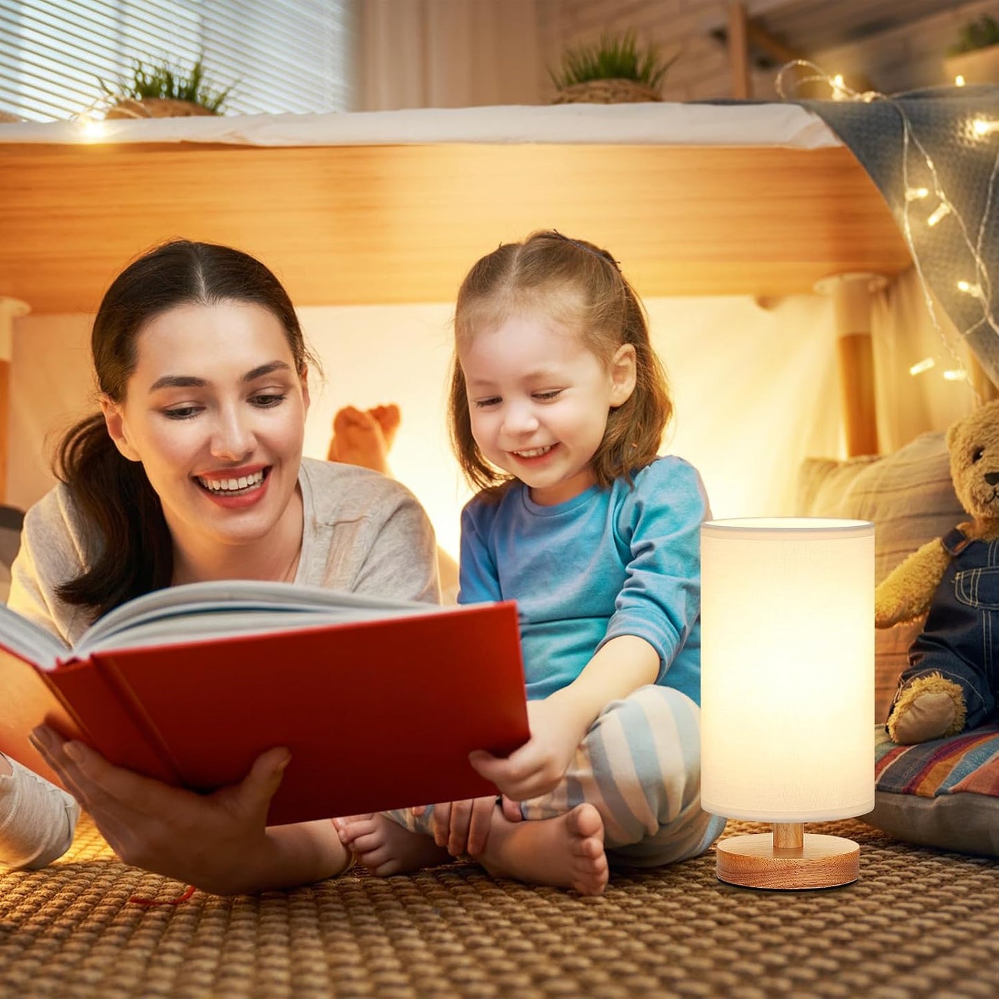 Fenmzee Small Table Lamp for Bedroom - Inline Control, Bedside Lamp with 3000K A15 LED Blub, Easy Assembly (Cream Shade - Wood Base, 9" Inline Control)