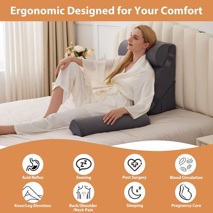 BIEEZZK Wedge Pillow Set for After Surgery, Wedge Pillow for Acid Reflux, Bed Wedge Pillow with Adjustable 9&12inch for Headboard,Sleeping, Orthopedic Memory Foam for Neck&Back Support, White/Grey