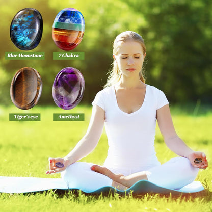 Roowest 4 Pcs Thumb Worry Stone for Anxiety Natural Crystal Healing Stone Chakras Amethyst Tiger Eye Quartz Pocket Hug Gift for Office Stress Meditation(Chromashift,Oval)