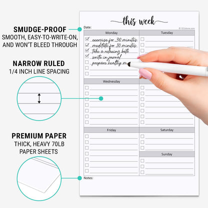 321Done Weekly Checklist Notepad, 5.5x8.5 Size Pad - 50 Tear-Off Sheets, Undated Monday-Sunday Schedule, Daily Task Planner for Home, Office & Student Use - Made in USA