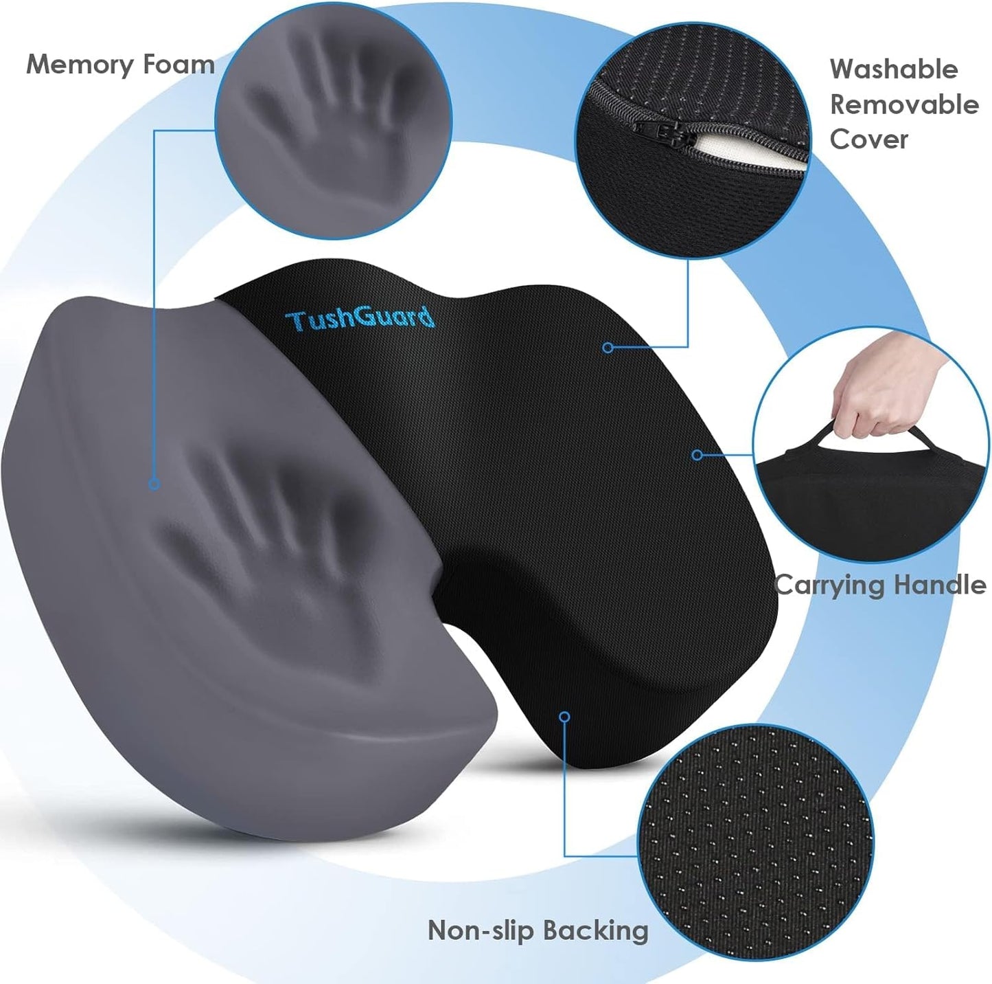 TushGuard Seat Cushion for Office Chair Memory Foam Non-Slip Desk Seat Cushion Back, Coccyx, Sciatica, Tailbone Pain Relief Butt Pillow for Office Chair, Car, Wheelchair, Black