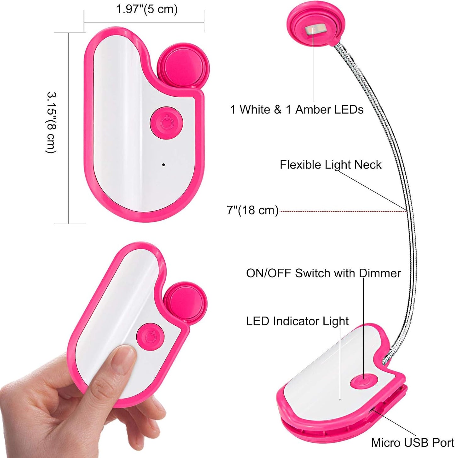 BIGMONAT Rechargeable Reading Light for Kids,Small Amber Book Light,Multi Colors Portable LED Reading Lamp with 361° Rotary Light Neck,Wireless Clip Reading Light for Books (White)