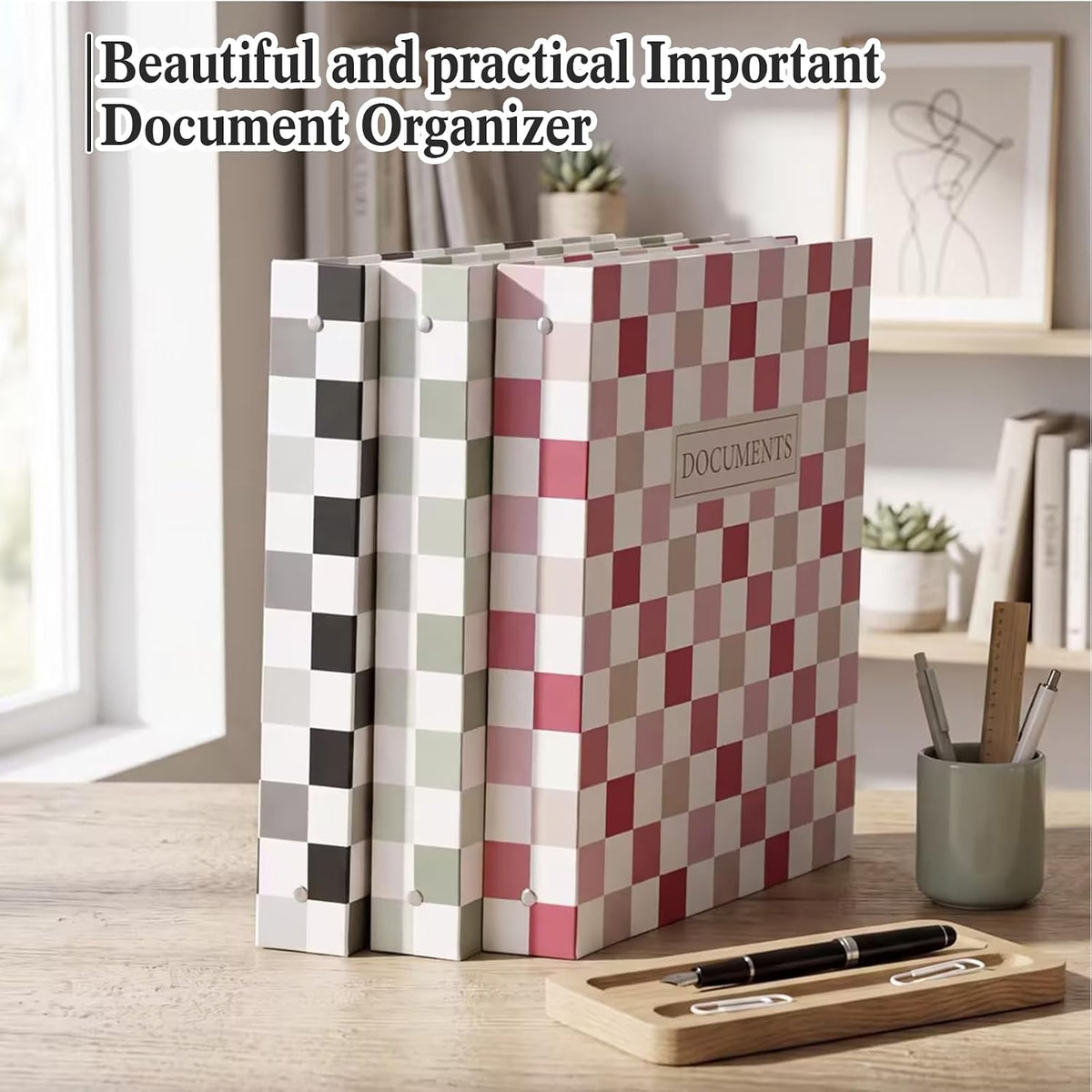 Important Document Organizer Folder Binder Checkered, Green
