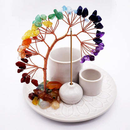 5 in 1 Incense Burner Holder with Crystal Healing Tree, Palo Santo Holder, Sage Holder, Incense Holder for Sticks/Cones/Candles, Ceramic Tray Ash Catcher for Burning Incense, Meditation Gift