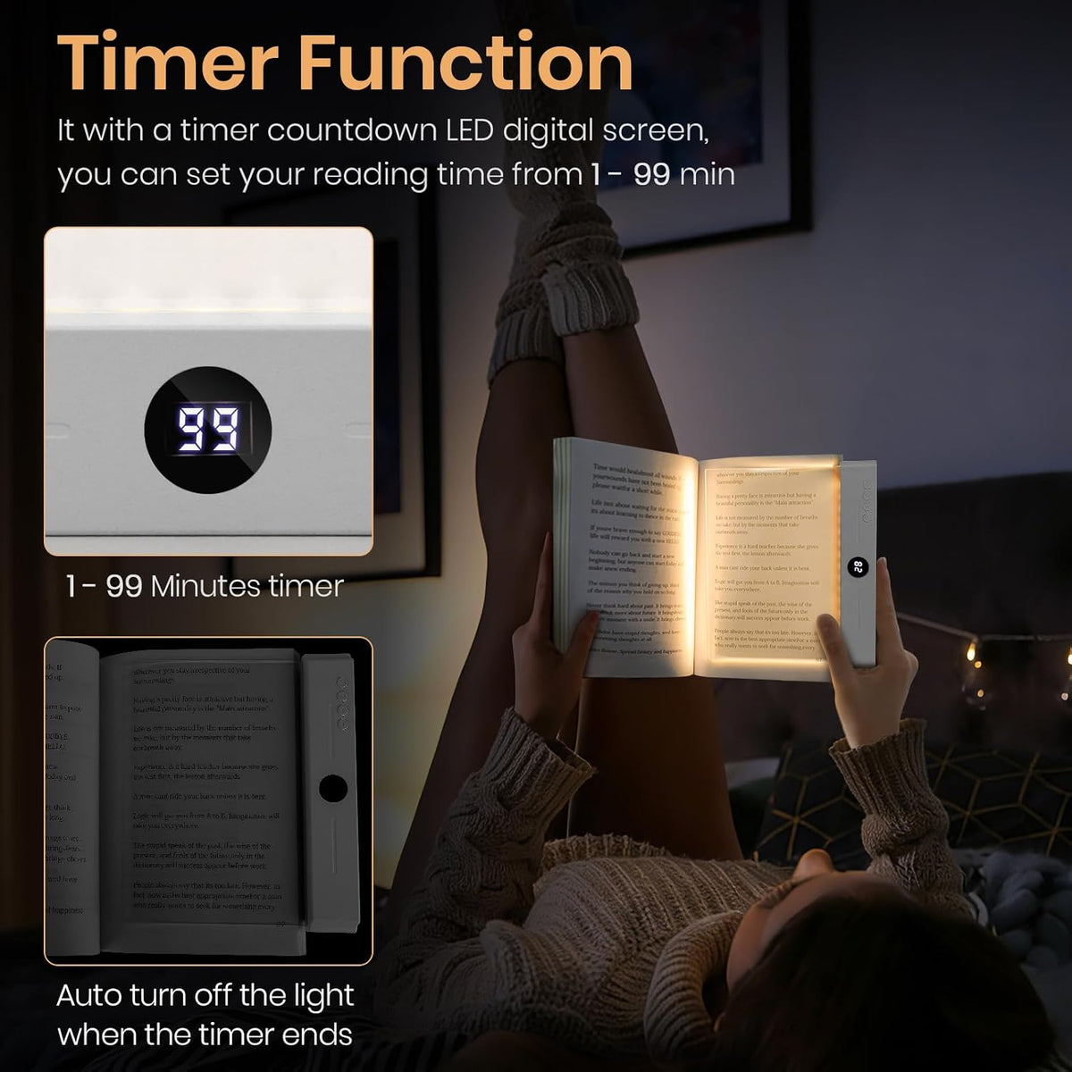 LED Book Light, 3 Color Temps & Stepless Dimming, Night Reading with Timer