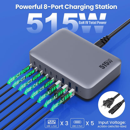 USB C Charger 200W USB C Charger Block,Upgraded GaN III 8-Port Fast Charging Station Hub,PD 65W Laptop Charging Adapter Compatible with MacBook Pro/Air,DELL,Steam Deck,iPhone 16/15/14,Galaxy S23/22