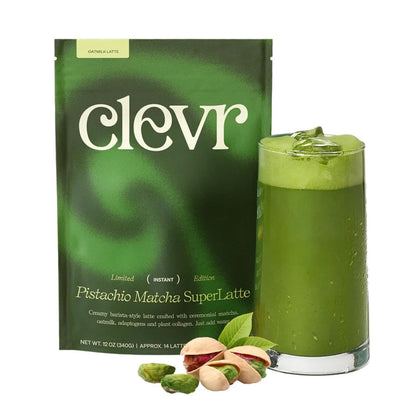 Clevr Pistachio Matcha SuperLatte, Organic Ceremonial Grade, Instant Superfood Powder Blend with Lions Mane, Reishi Mushroom, Coconut Cream, Ashwagandha, Serve Hot or Iced (14 Lattes)