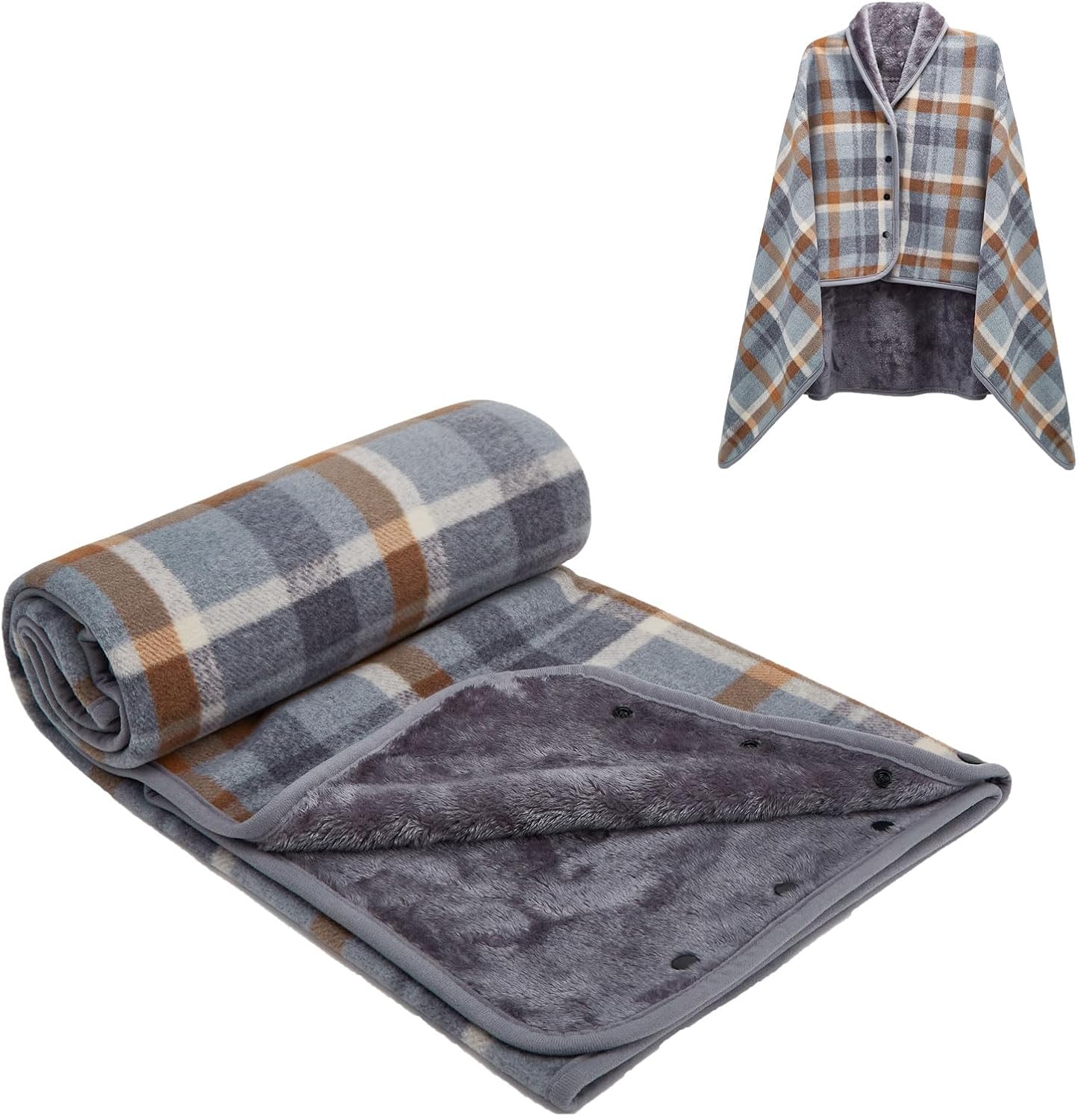 forestfish Fleece Wearable Blanket, Plaid Lap Blanket Comfy Poncho Throw with Buttons for Bed Sofa Office, Grey-White