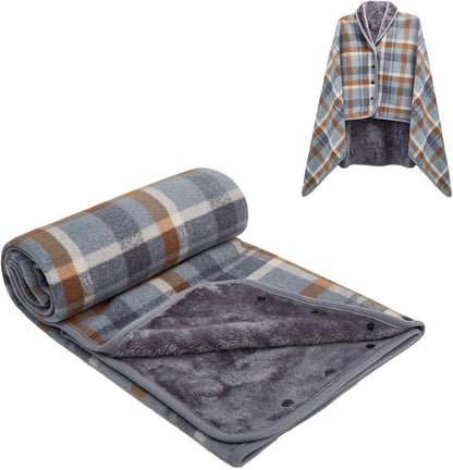 forestfish Fleece Wearable Blanket, Plaid Lap Blanket Comfy Poncho Throw with Buttons for Bed Sofa Office, Grey-White