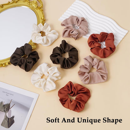 Satin Scrunchies for Women – 8PCS Blush & Brown Silk Hair Ties Set – No Crease, Frizz-Free, Gentle Elastic Hair Bands, Soft & Stylish Everyday Hair Accessories Gifts