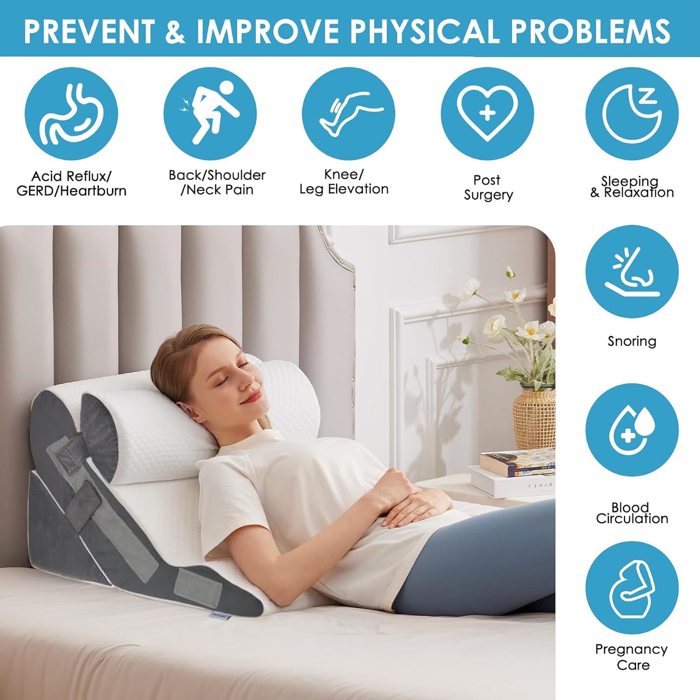 MEGCXIT 3PCS Bed Wedge Pillow for Headboard, Adjustable Wedge Pillow for Sleep Apnea, 23” Wide Triangle Pillow Wedge Set for After Surgery, Acid Reflux Relief, Snoring, Neck&Back Support, White/Grey