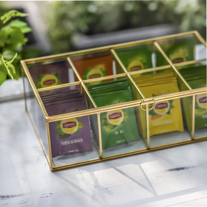 NCYP Glass Tea Bags Organizer with 5 Grids Compartments, Indoor Counter Top Brass Display Case with Lid, Storage Box, Gold, Decor, Teabag Storage, 14.5 x 3.6 x 3.66 Inches (Glass Box Only)