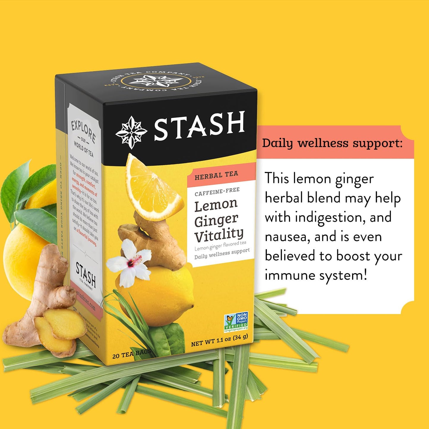 Stash Tea Lemon Ginger Vitality Herbal Tea - Naturally Caffeine Free, Non-GMO Project Verified Premium Tea with No Artificial Ingredients, 20 Count (Pack of 6) - 120 Bags Total