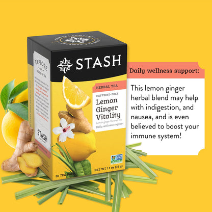 Stash Tea Lemon Ginger Vitality Herbal Tea - Naturally Caffeine Free, Non-GMO Project Verified Premium Tea with No Artificial Ingredients, 20 Count (Pack of 6) - 120 Bags Total