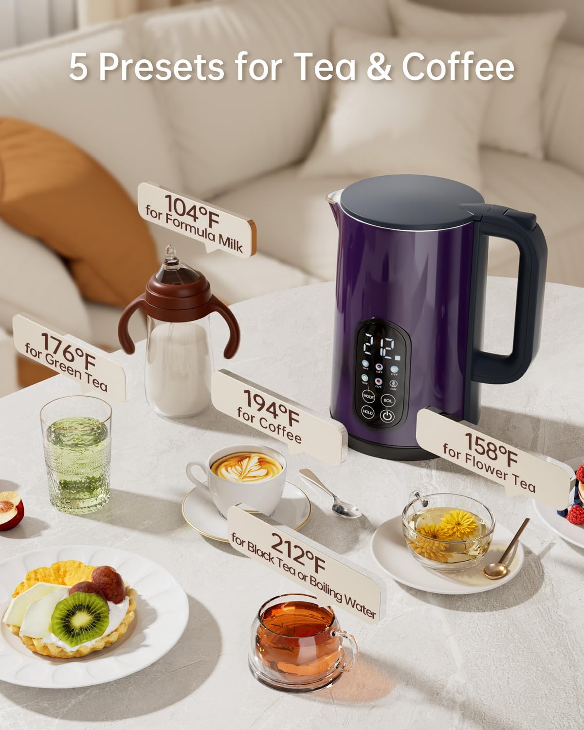 Electric Kettle with Temperature Control, 1.7L Hot Water Kettle for Tea, Coffee & Daily Use, 5 Presets, 2H Keep Warm, Stainless Steel Interior, Auto Shut-Off, Cordless Electric Tea Kettle, Blue