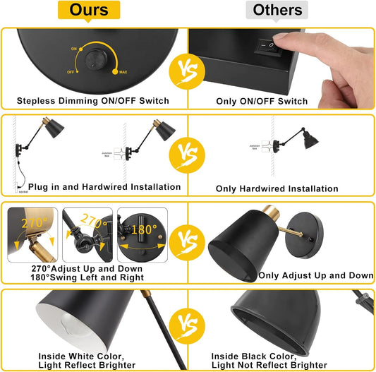 Dimmable Wall Lamp with Plug in Cord, ENCOMLI Plug in Wall Sconces Set of Two, Swing Arm Sconces Wall Lighting with On Off Switch, Metal Black Brass Industrial Wall Sconce Plug in Wall Light, E26 Base