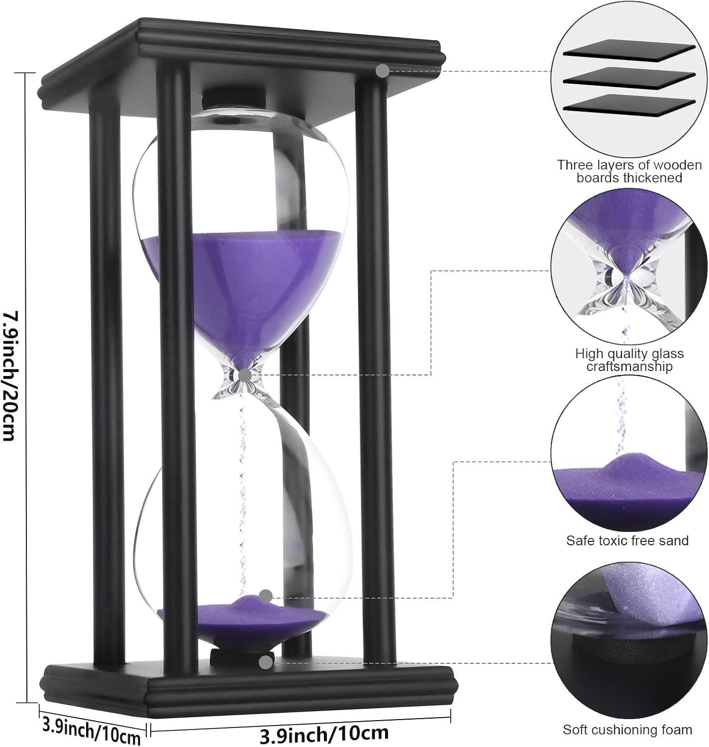 Hourglass Sand Timer,Black Wooden 30/45/60 Minute Sandglass Timer for Home,Desktop,Classroom Kitchen Restaurant Office Living Room Decor (30 Min, Purple Sand)