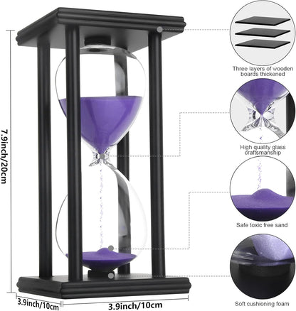 Hourglass Sand Timer,Black Wooden 30/45/60 Minute Sandglass Timer for Home,Desktop,Classroom Kitchen Restaurant Office Living Room Decor (30 Min, Purple Sand)